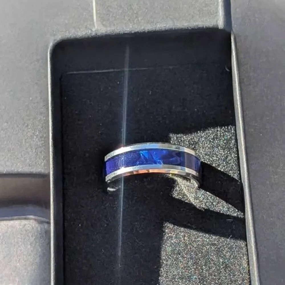 8mm Blue Opalescent Silver Stainless Steel Band Ring Size 9, 10, 12, 12.5, 13